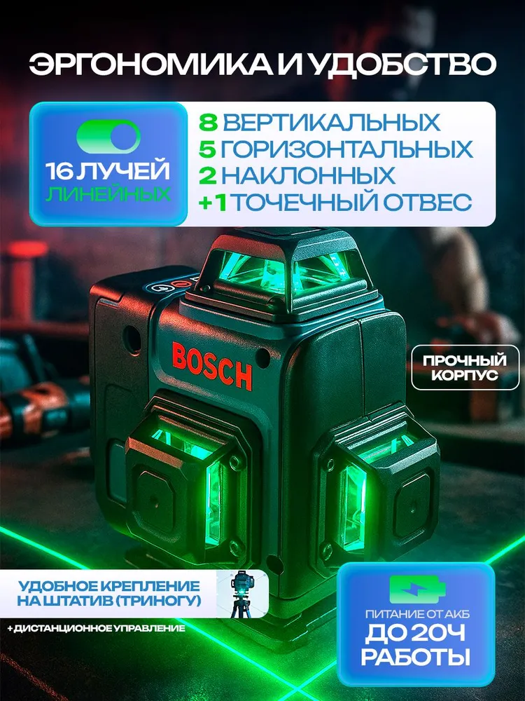 Лазерный уровень 360 / Нивелир, 16 лучей, Зеленый луч, зеленый, фото 2