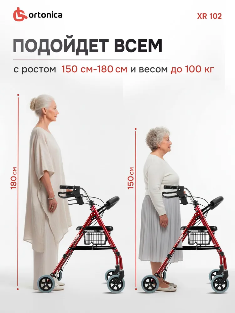 Ortonica XR 102 / XR 550 Ходунки роллаторы, для взрослых и пожилых, инвалидов после травмы, инсульта, складные, с мягким сиденьем и корзиной, алюминиевые, на колесах, код по сертификату СФР 6-10-05, вариант, фото 4