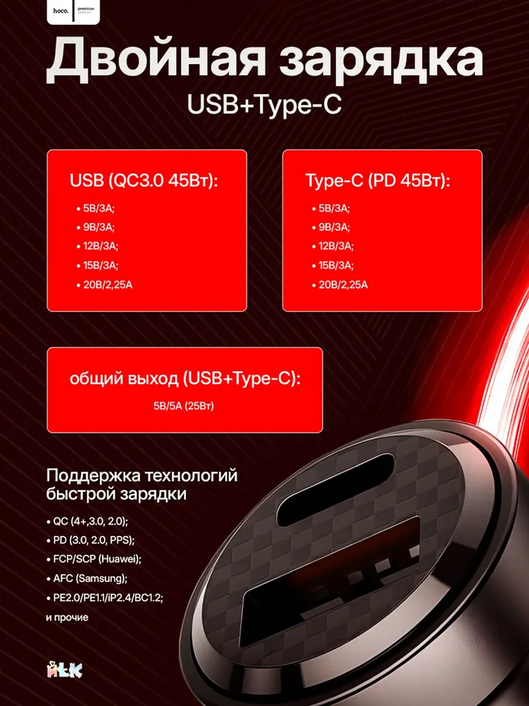 Разветвитель прикуривателя HOCO DZ15, быстрая автомобильная зарядка PD45W+QC3.0, 2 порта USB/Type-C, прозрачный корпус, прозрачный, фото 3
