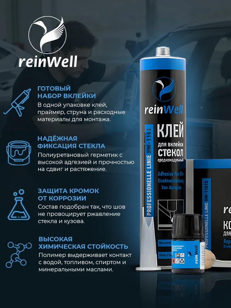 Набор для вклейки автомобильных стекол ReinWell (среднемодульный) со струной, 7 предметов, 7, фото 2