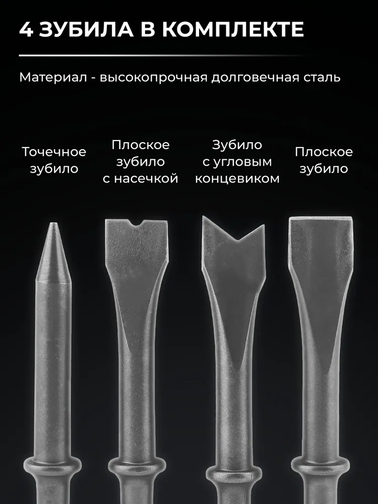 Зубило пневматическое ударное с набором насадок 4 шт. в комплекте, молоток пневматический, в кейсе, БелАК, 4 шт, фото 4