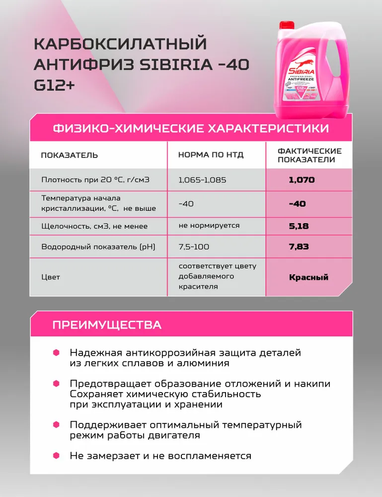 Антифриз красный Sibiria, G12+, от -40 до +130, охлаждающая жидкость для автомобиля, Сибирия, 5 кг, 5 кг, фото 6