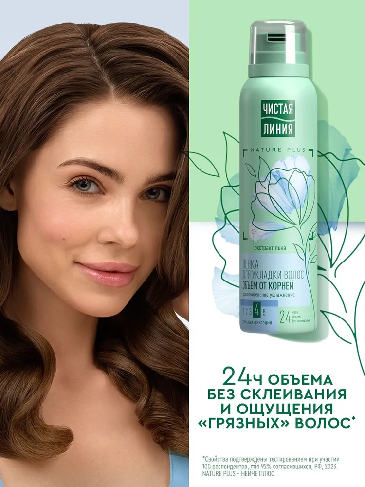 Чистая Линия Пенка для укладки волос для объема, мусс сильной фиксации, с экстрактом льна, 150 мл, 2шт, 150 мл, фото 3