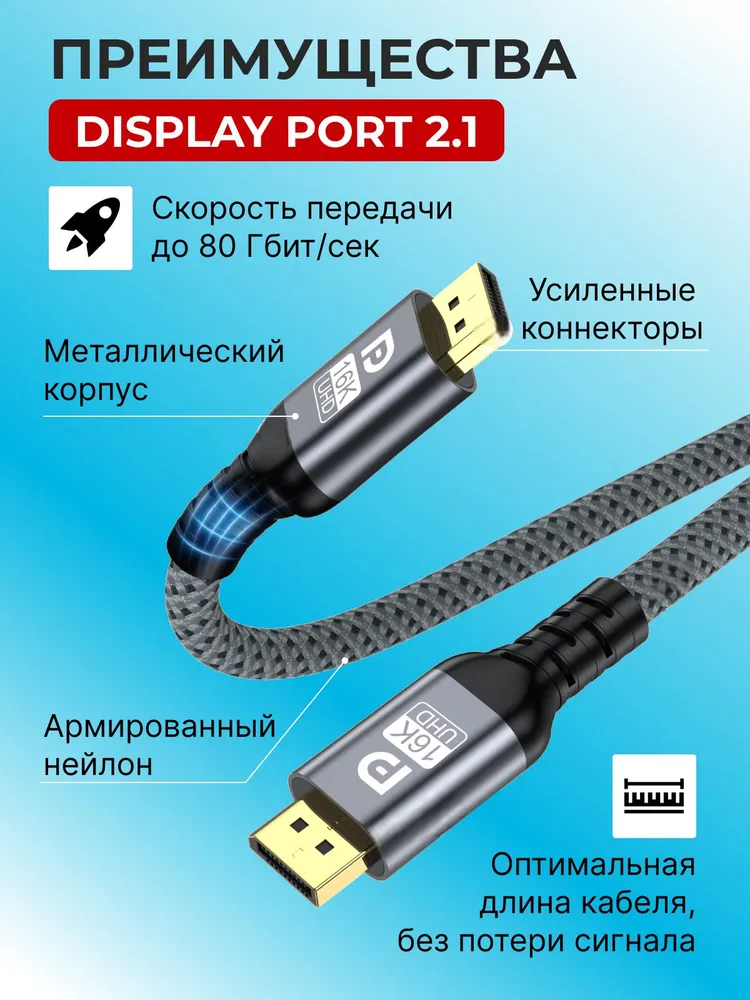 Кабель DisplayPort 2.1 16К NVIDIA G-SYNC 4K 240Hz, 8K 60Hz, длина 3 метра, 3 м, фото 2