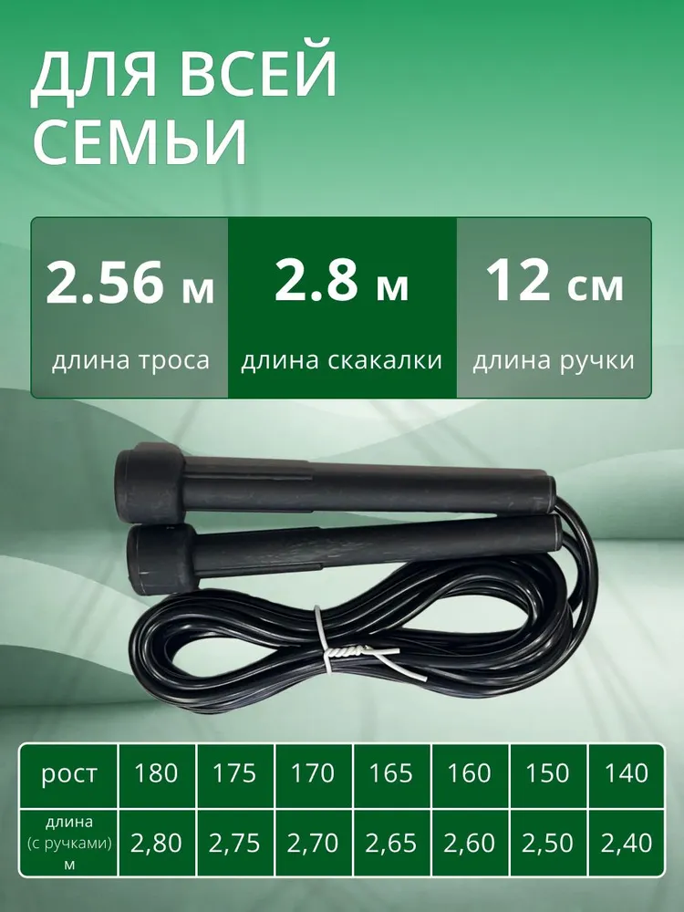 Скакалка для фитнеса, гимнастики и тренировок.Скакалка спортивная скоростная, 2,8 м, черная, 2,8 м, фото 5