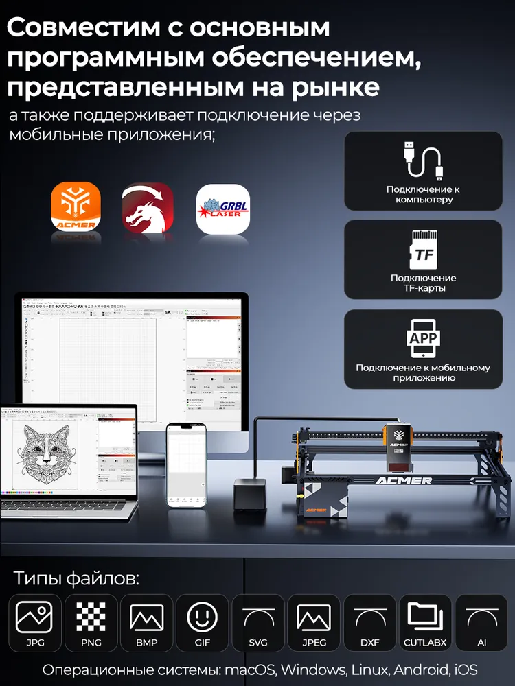 Лазерный гравер ACMER P1 S PRO 48 Вт, ЧПУ станок для резки и гравировки по дереву, акрилу и коже, рабочая зона 380x350 мм, воздушный ассистент, 380x350 мм, 48 Вт, фото 6