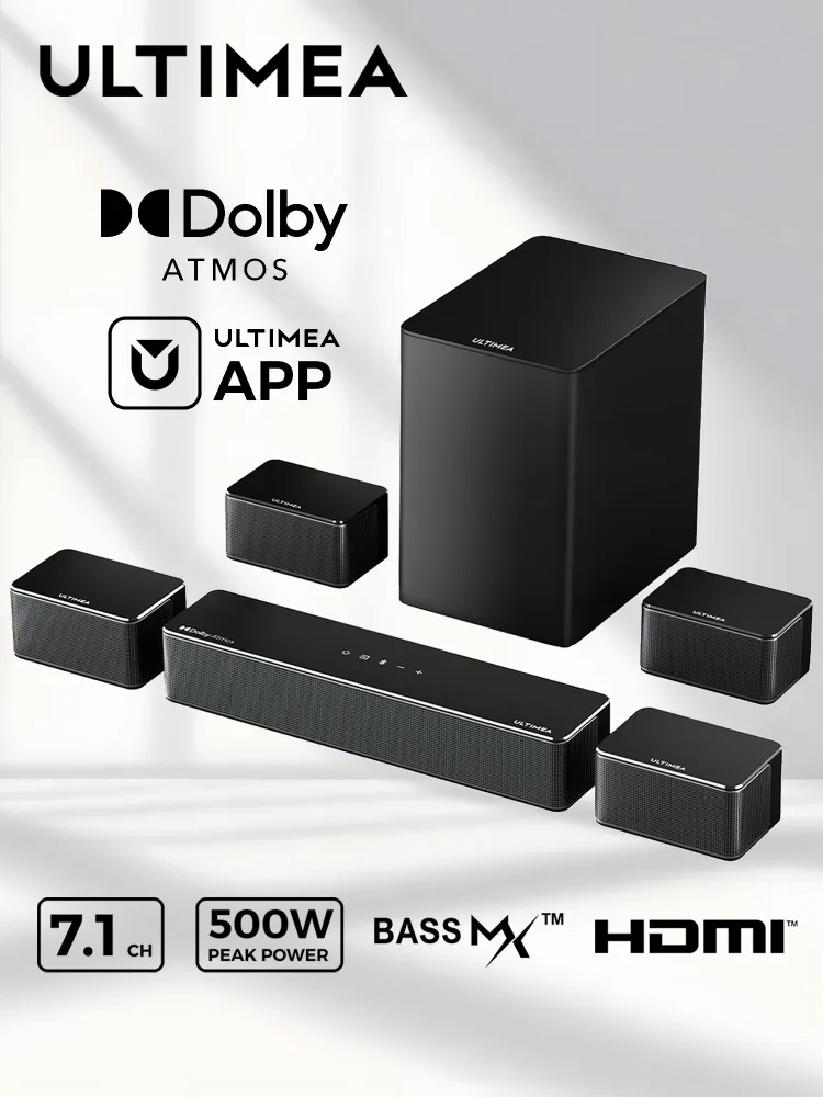 Саундбар для телевизора с сабвуфером ULTIMEA Poseidon D80 Boom, домашний кинотеатр 7.1 Dolby Atmos, 500Вт, 4 тыловых динамика, HDMI eARC, управление через приложение, 500 Вт