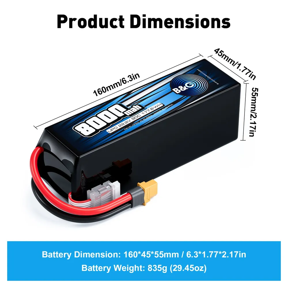 Аккумулятор Li-po B&C 8000 MAH 22.2V (6s) 90C, XT60, Soft case (для FPV дронов), 8000 мАч, фото 3
