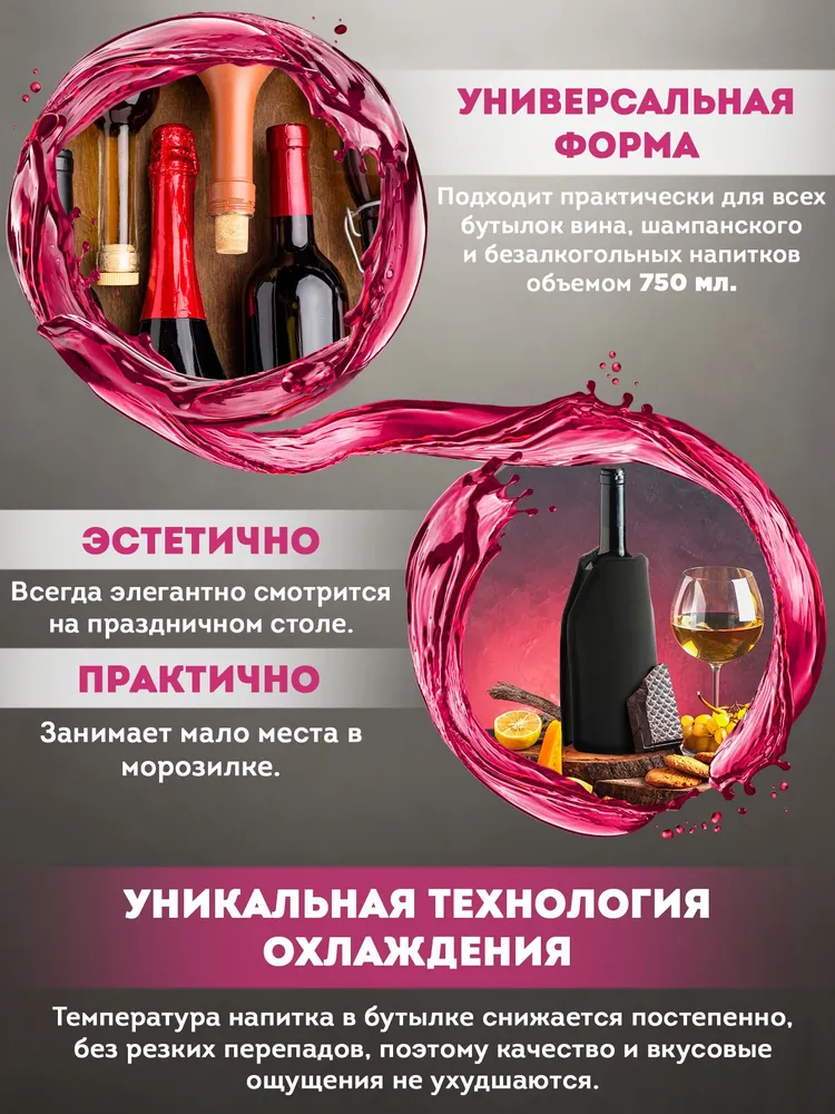 Охладитель для вина 0,75-1 л, охлаждающий рукав для бутылки, многоразовый термочехол с охлаждающим наполнителем, 1 л, фото 3