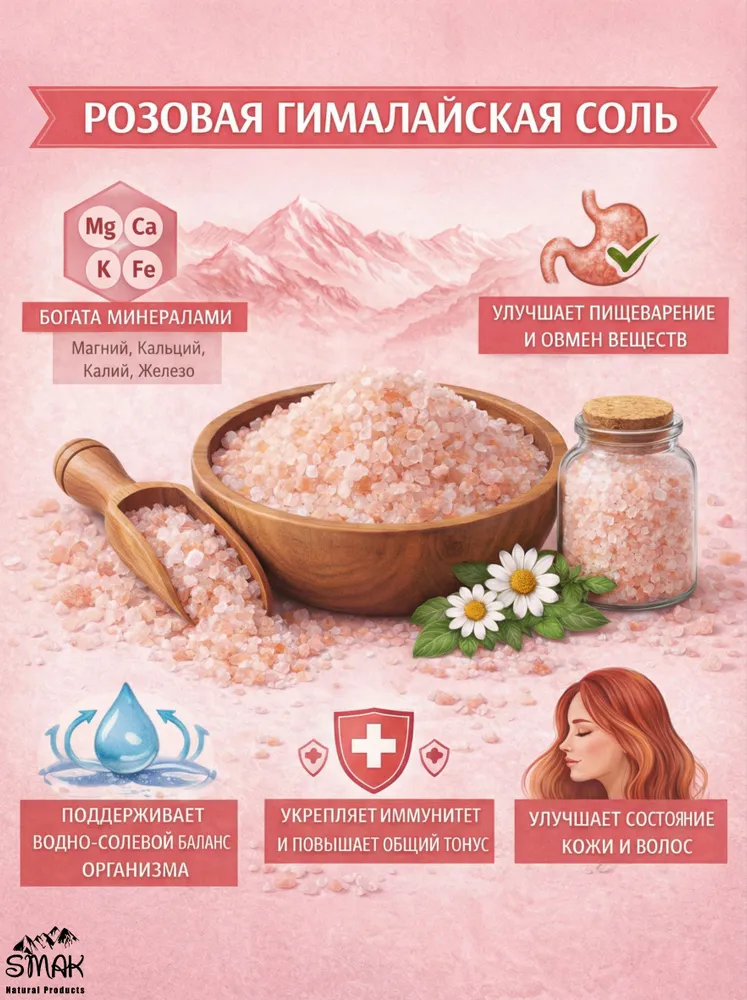 Гималайская соль SMAK пищевая розовая крупного помола, 3-5 мм, 1 кг, 1 кг, фото 3