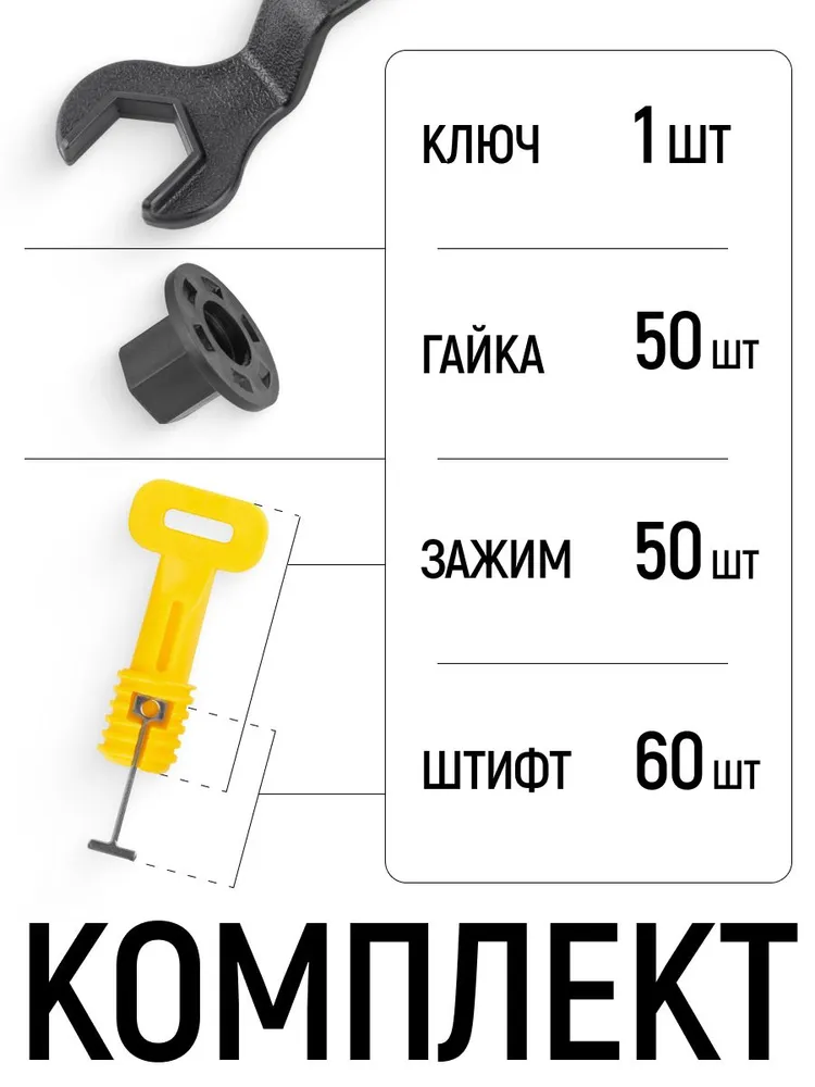 СВП для плитки с ключом, зажимы 50 шт. + гайки 50 шт + штифт 60 шт., ширина шва 2 мм, многоразовая система выравнивания FIT, 50 шт, 50 шт, фото 2