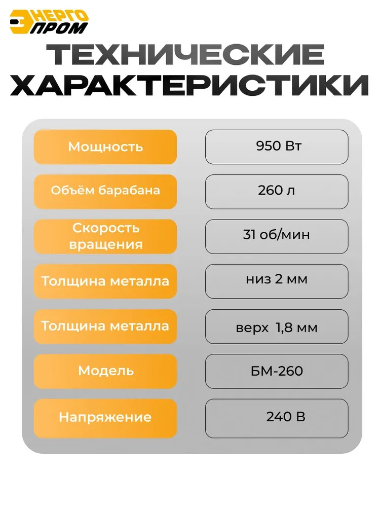 Бетономешалка электрическая строительная с чугунным венцом "ЭНЕРГОПРОМ" БМ-260, бетоносмеситель 260л, 260 л, фото 6