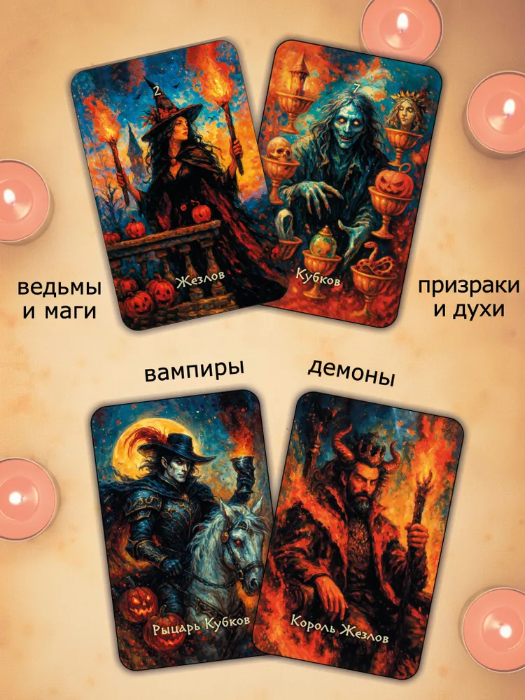 Колода Таро Самайна, гадальные карты 78 шт, инструкция для гадания на русском, подарок тарологу к Хэллоуину, праздник Колеса года, мистические образы, 78 шт, фото 4