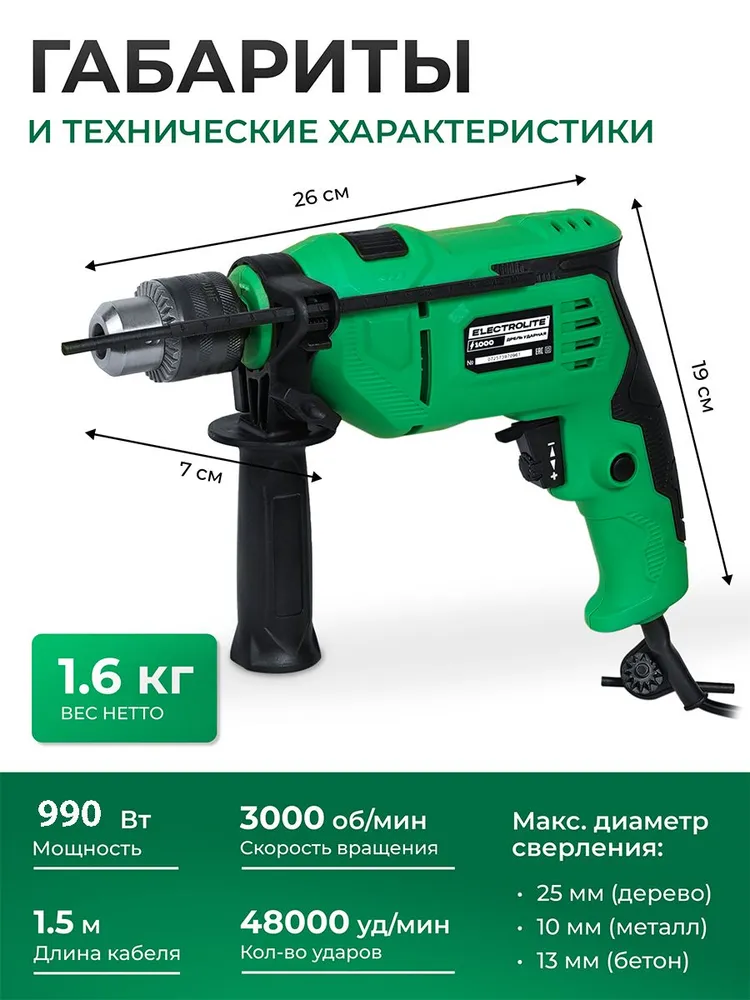 Дрель ударная электрическая Electrolite ID 100O, вариант, фото 3
