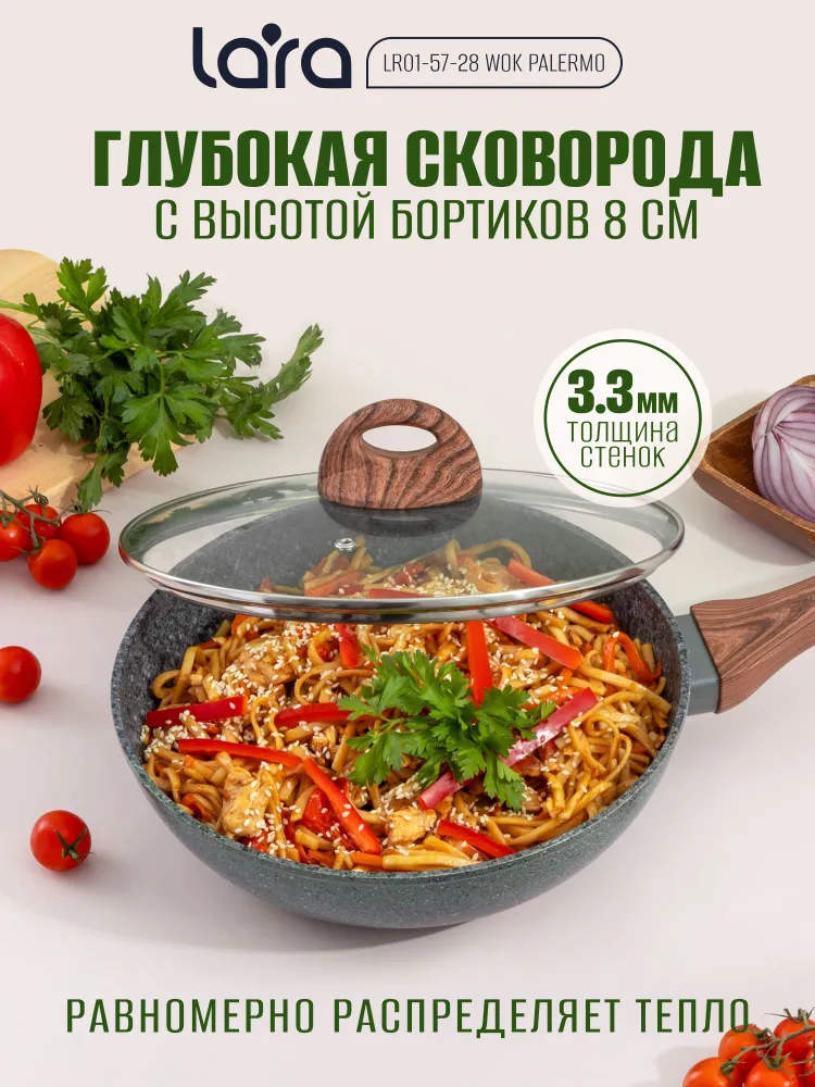 Сковорода c крышкой ВОК глубокая 28 см LR01-57-28 WOK PALERMO для всех видов плит, включая индукционную, вариант, фото 2