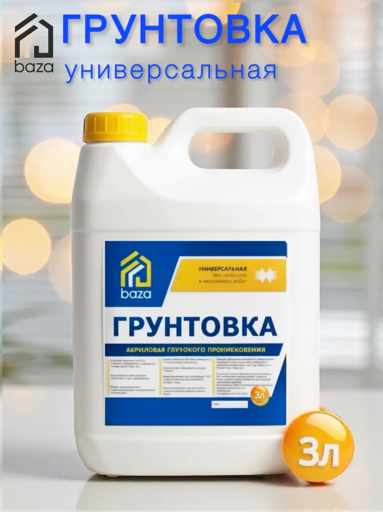 Грунтовка глубокого проникновения, для стен и потолков, универсальная baza 3л под обои, плитку, штукатурку, бетон, наливной пол, гипсокартон, дерево, цемент, покраску., 3 л