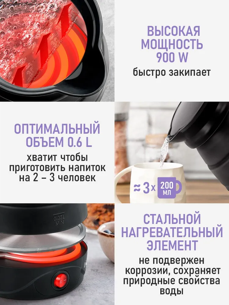 Чайник электрический LUMME дорожный 600 мл, черный, 600 мл, фото 4