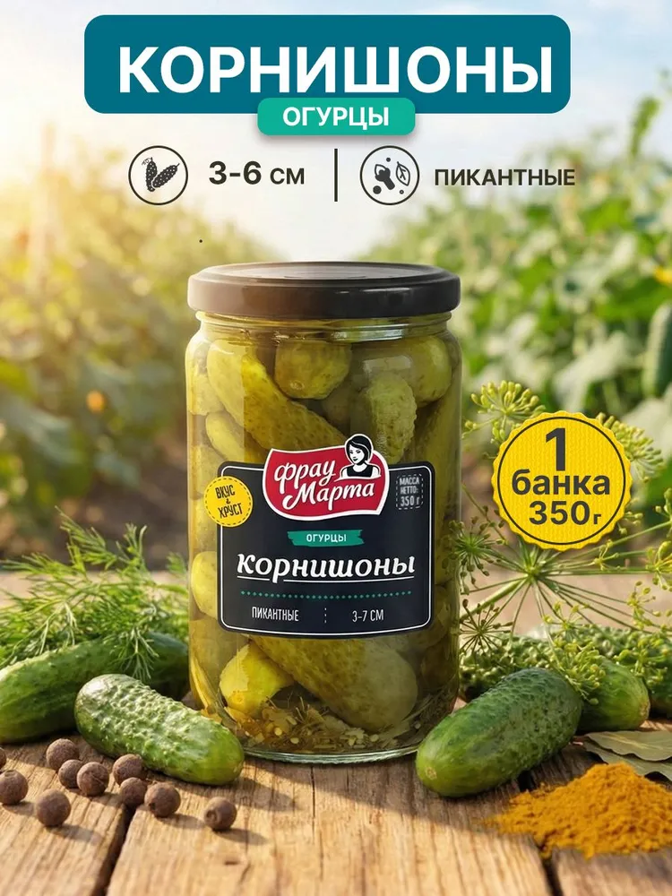 Корнишоны пикантные Фрау Марта ст/б 350гр, 1 шт, 350 г, 1 шт