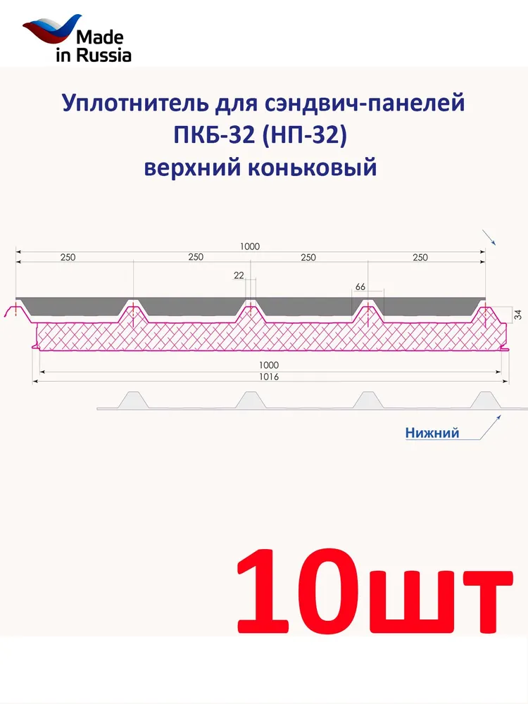 Уплотнитель для кровельной сэндвич-панелей ПКБ-32/34 ВЕРХНИЙ коньковый (10 шт.) длина 1000 мм без клеевого слоя, 10 шт, фото 5