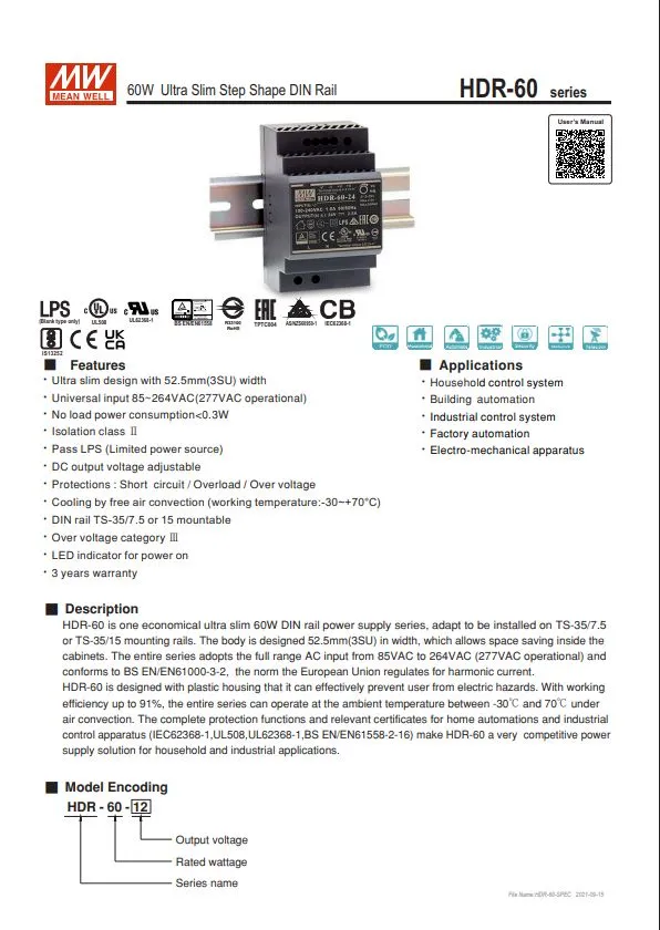 MEAN WELL Блок питания импульсный HDR-60-24, 24 В, 2.5 А, 60 Вт, на DIN-рейку, IP20, 60 Вт, фото 4