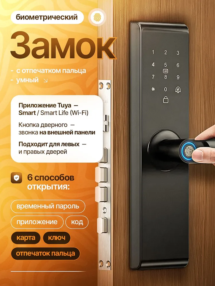 Умный дверной замок Z20 на русском языке, WiFi биометрический замок по отпечатку пальца, Tuya Smart, черный, черный
