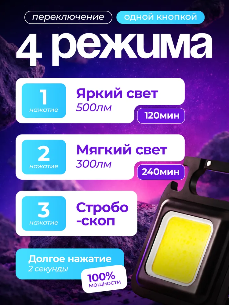 Фонарик брелок аккумуляторный с магнитом и карабином, 4 режима, вариант, фото 3