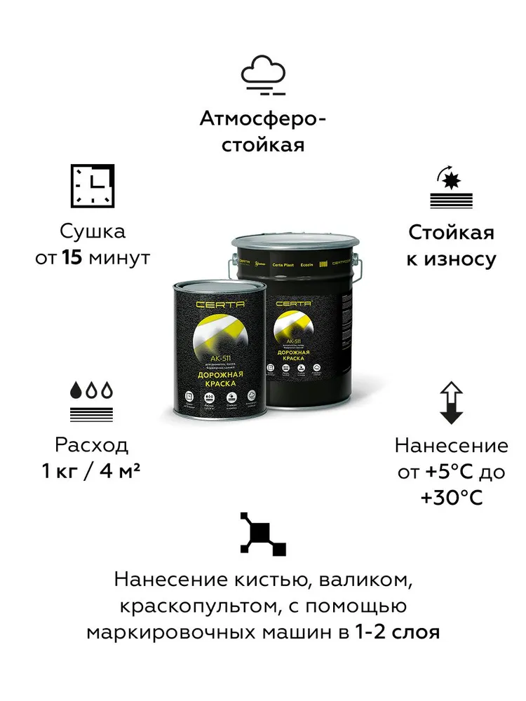 Дорожная краска CERTA АК-511, для дорожной разметки, краска для пола по бетону, износостойкая, быстросохнущая, белая, 6 кг, 6 кг, фото 2