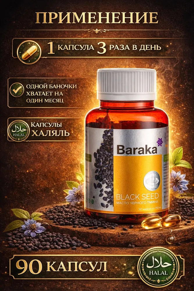 Масло чёрного тмина Baraka в капсулах 90 шт холодный отжим, для поддержки иммунитета и общего самочувствия, 90 шт, фото 4