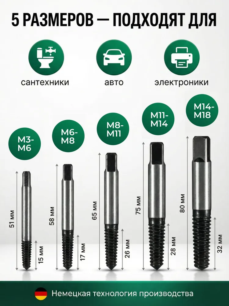 Экстрактор для болтов 3-15мм, набор экстракторов 5 шт, 5 шт, фото 4