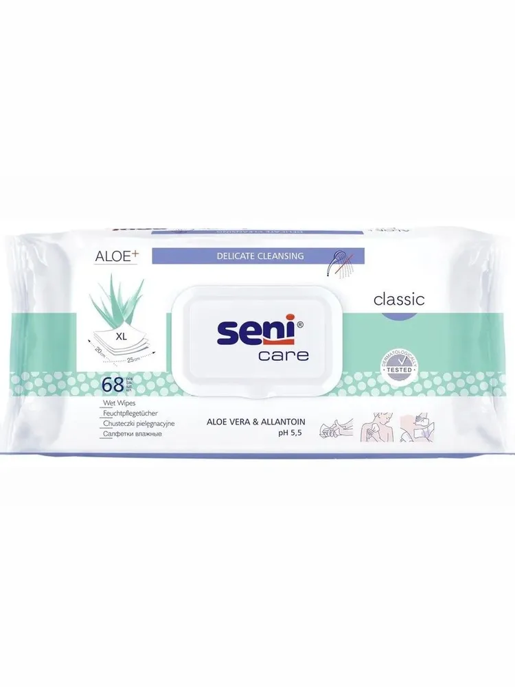 Салфетки влажные 68 шт SENI CARE для ухода, с Алоэ Вера и Аллантоином XL 20х25см с клапаном, 20x25 см, 68 шт, фото 3