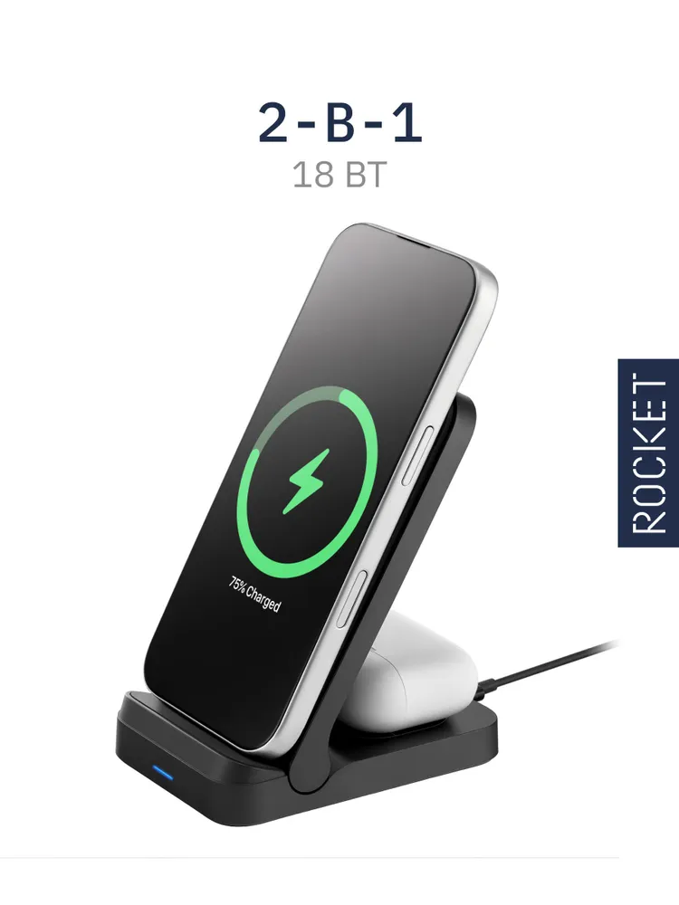 Беспроводная зарядка складная для iPhone и Apple Watch ROCKET Action Dual, 2 в 1, зарядная станция с MagSafe, 20 Вт, док станция, для часов, подставка для телефона, Qi, кабель в комплекте, черный, 20 Вт