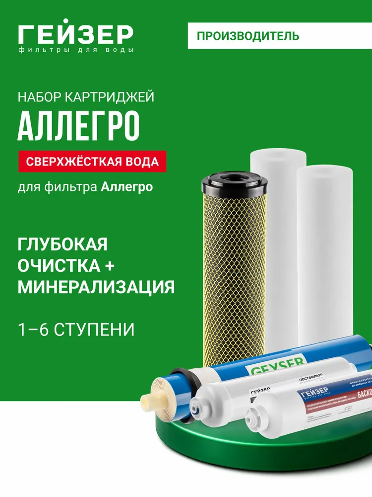 Комплект картриджей для фильтра Гейзер Аллегро М, 1-6 ступени очистки, картриджи для фильтра обратного осмоса с минерализатором, 50181, вариант
