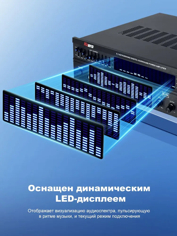 Усилитель HZERO HZ113BT 5.1 канала, 5800 Вт (пиковая), Bluetooth, оптический/коаксиальный вход, динамический LEDспектр, эквалайзер, 2 входа для микрофона, поддержка USB/SD/FM, пульт ДУ, 5800 Вт, фото 3
