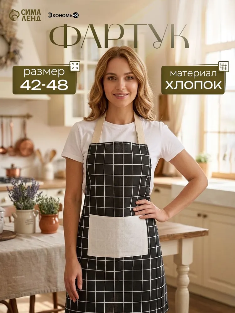 Фартук кухонный женский, Клетка, с карманом, вариант