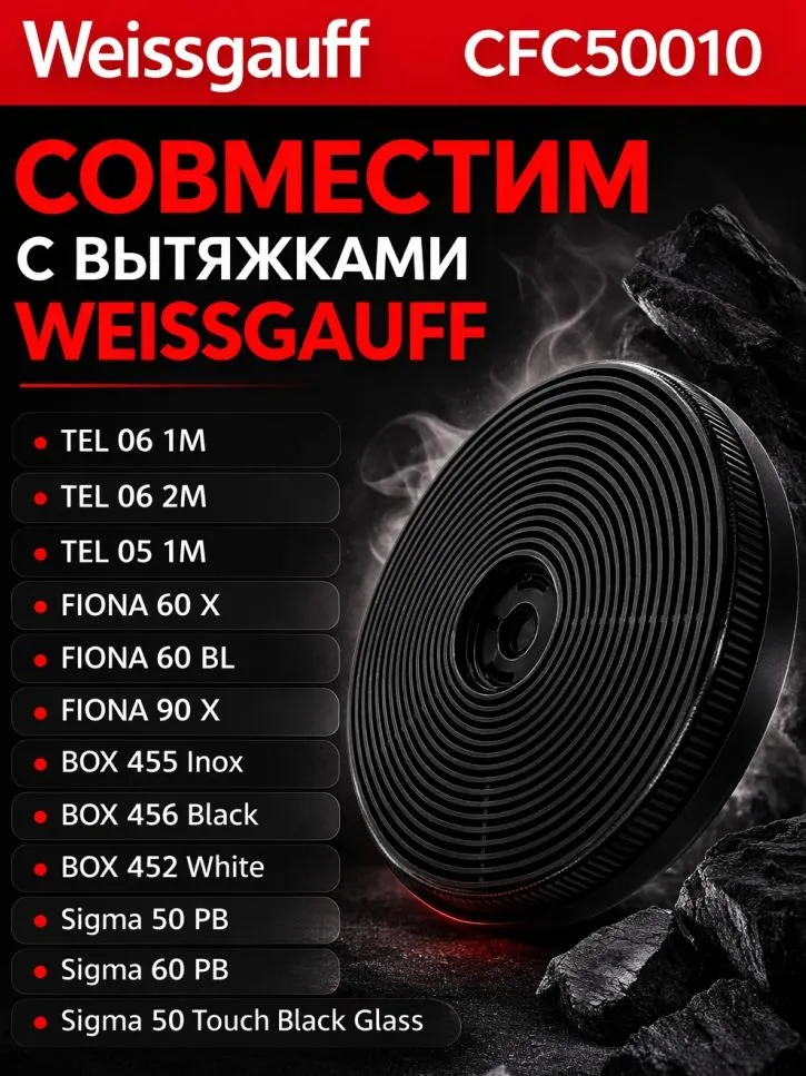 Угольный фильтр для вытяжки Weissgauff CFC 50010, комплект 2 шт, сменный фильтр с активированным углем, 2 шт, фото 2