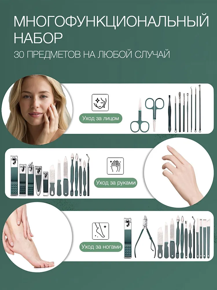 Большой набор для маникюра и педикюра 30 предметов по уходу за ногтями. Маникюрный набор для женщин и мужчин. В КОМПЛЕКТЕ: ножницы, пилочка, книпсер, щипчики, лопатка., вариант, фото 4