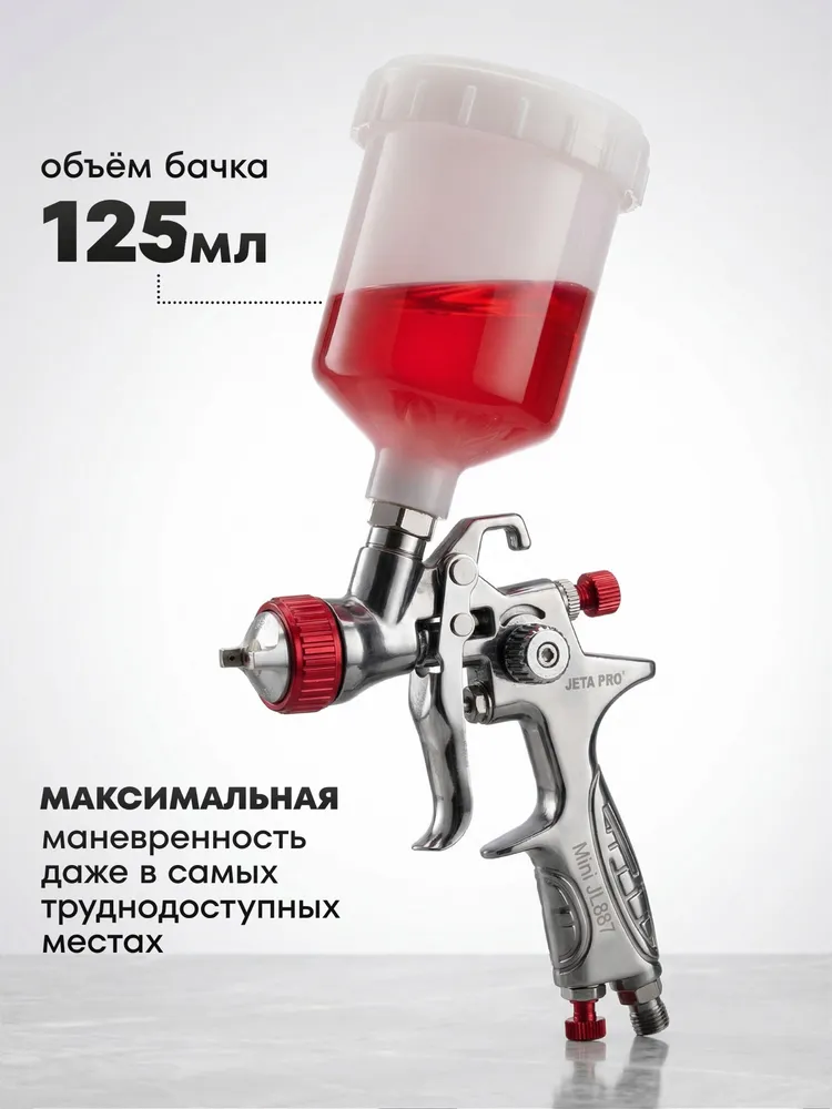 Краскопульт для компрессора JETA PRO Mini JL887 HVLP пневматический, мини краскораспылитель и пульверизатор для покраски авто (дюза 1.2 мм, бачок 125 мл), 125 мл, фото 3