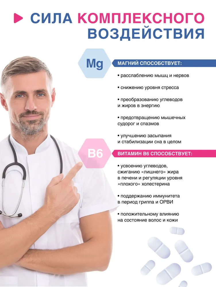 Магний 735 мг + В6 М, 200 таблеток Миофарм, цитрат магния Форте успокоительное от стресса и тревоги, таблетки для нормализации сна, вариант, фото 5