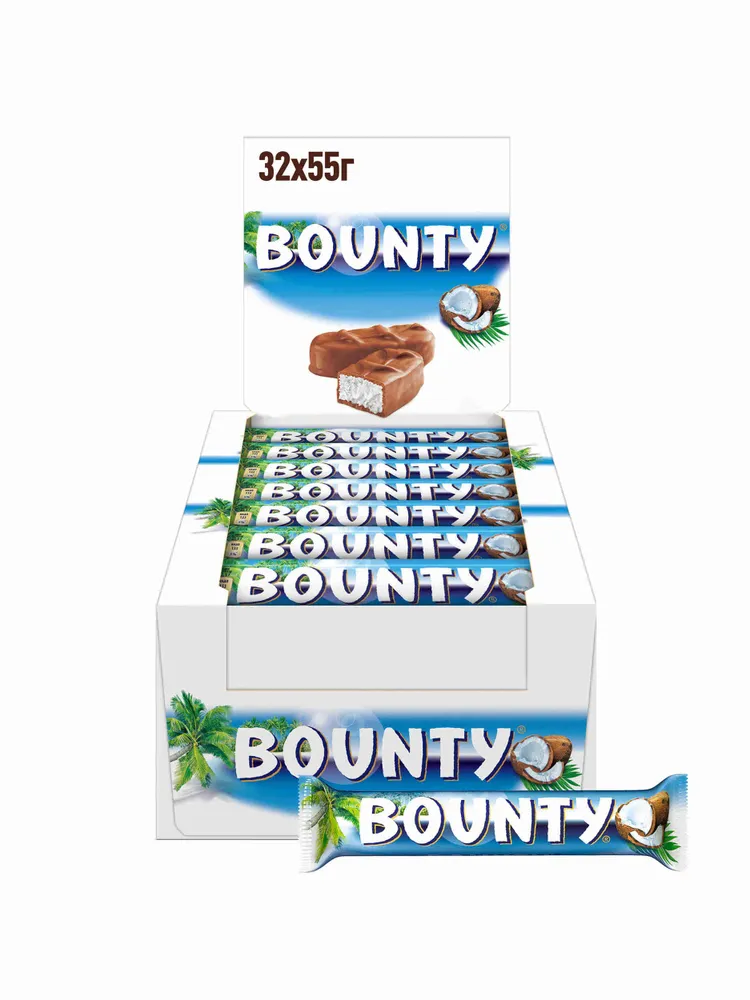 Шоколадные батончики Bounty, кокос в молочном шоколаде, набор батончиков, 24 шт по 82,5 г, 32 шт, 55 г
