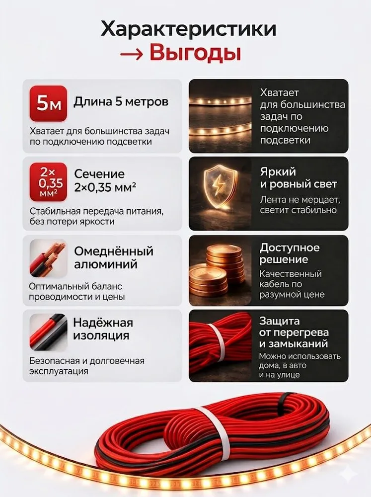 Кабель для светодиодной ленты красно-черный ШВПМ 2х0,35 мм2, длина 5 м, 2x0.35 мм, 5 м, фото 2
