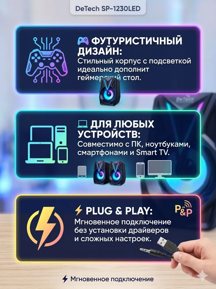 Колонки для компьютера проводные DeTech SP-1230LED, акустическая система 2.0 для ПК и ноутбука с RGB подсветкой, вариант, фото 3