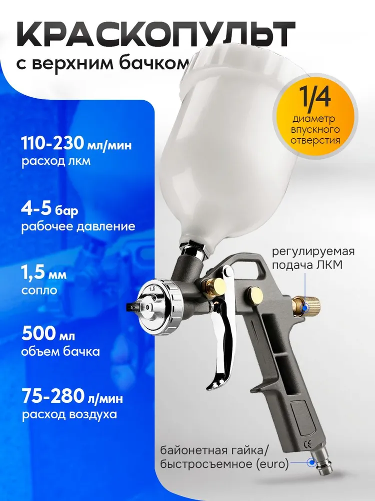 Набор пневмоинструмента для компрессора DEKO RDKSG05-10 (5 предметов краскораспылитель с верхним бачком, шланг 10 м), 10 м, фото 2