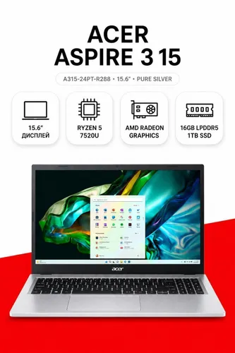 Acer Aspire 3 Ноутбук, AMD Ryzen 5 7520U, RAM 16 ГБ 1000 ГБ, Windows Home, серый, Английская раскладка