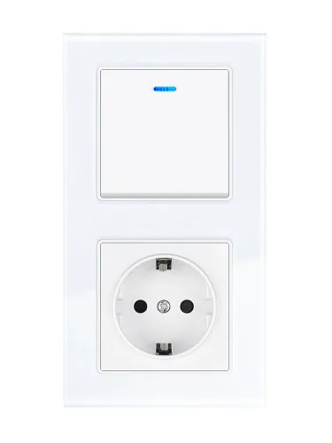 Выключатель с подсветкой и розеткой 2 постовый стеклянная рамка HI