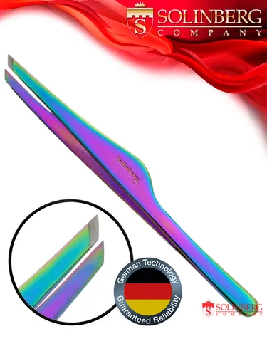 Пинцет для бровей Solinberg G808, (ручная заточка) радужный, наклонное окончание с четкими гранями.