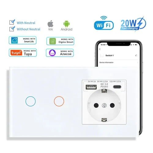 Умный сенсорный WIFI выключатель с розеткой USB и Type C портами в одной стеклянной белой рамке, дву