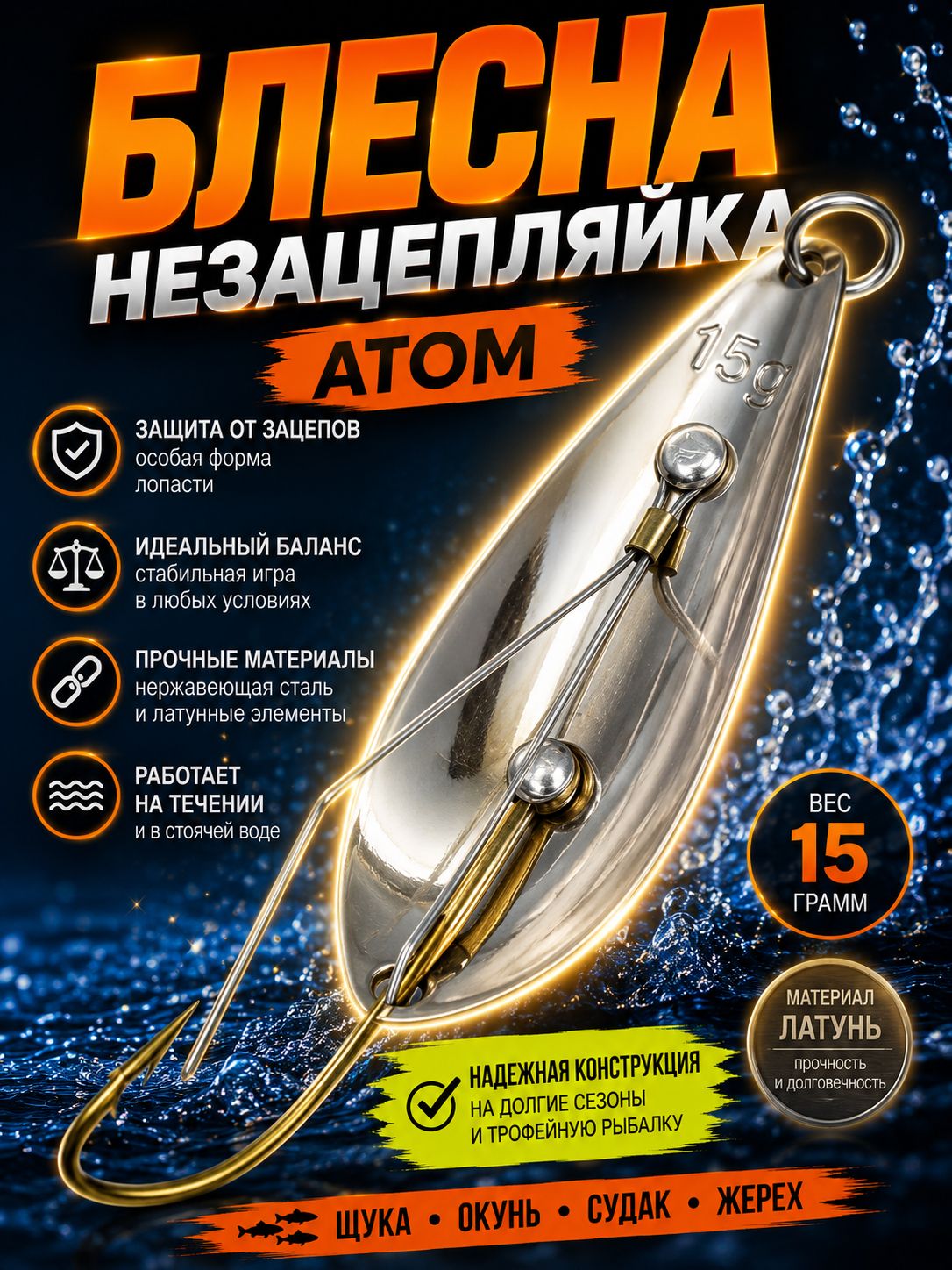 Блесна незацепляйка колебалка атом на щуку, жереха и судака