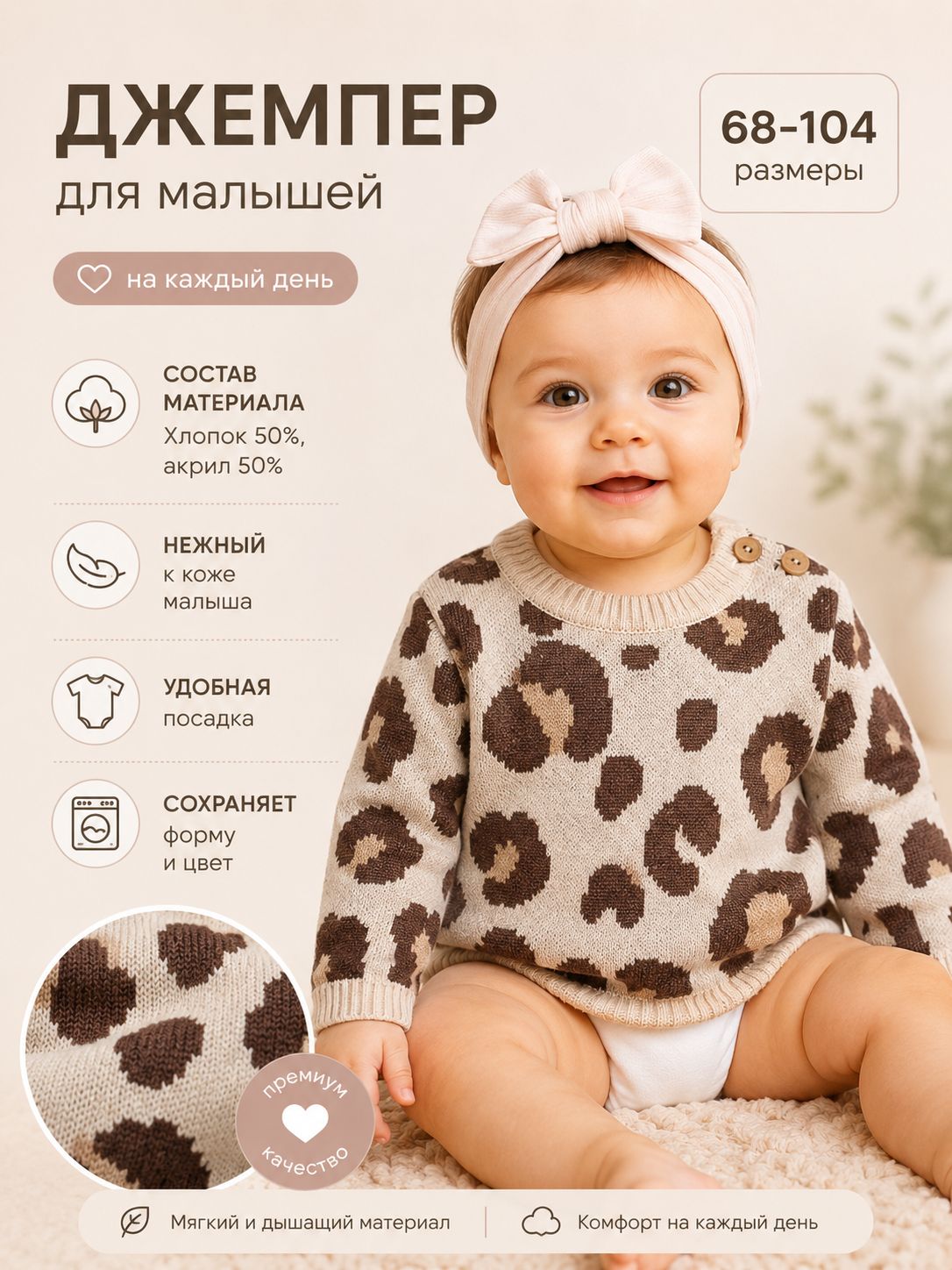 Джемпер для малышей вязаный Крошка Я леопардовый для девочек, детский свитер, 98-104 см
