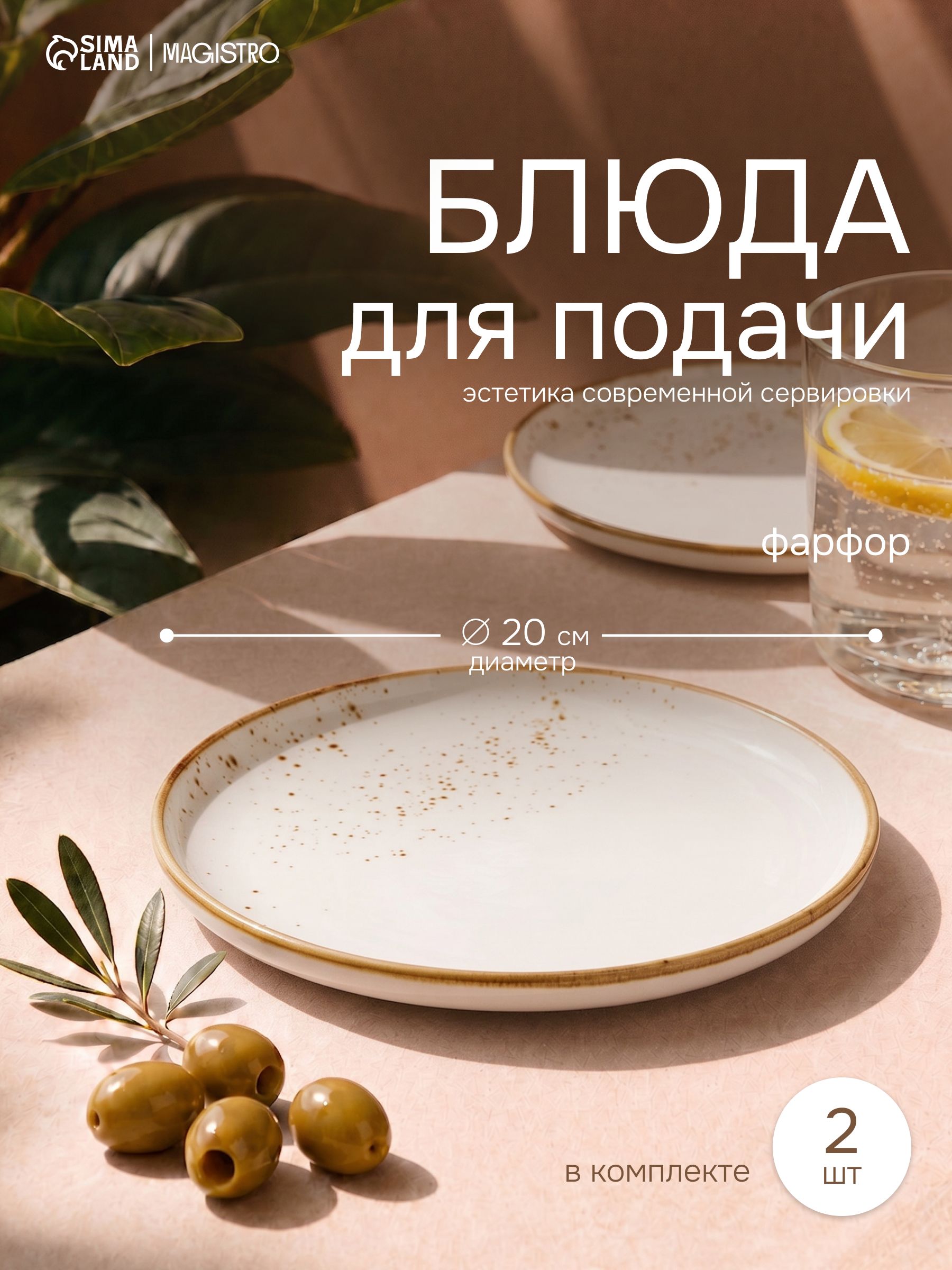 Тарелки сервировочные 20 см, набор 2 шт, Magistro "Церера", фарфоровые