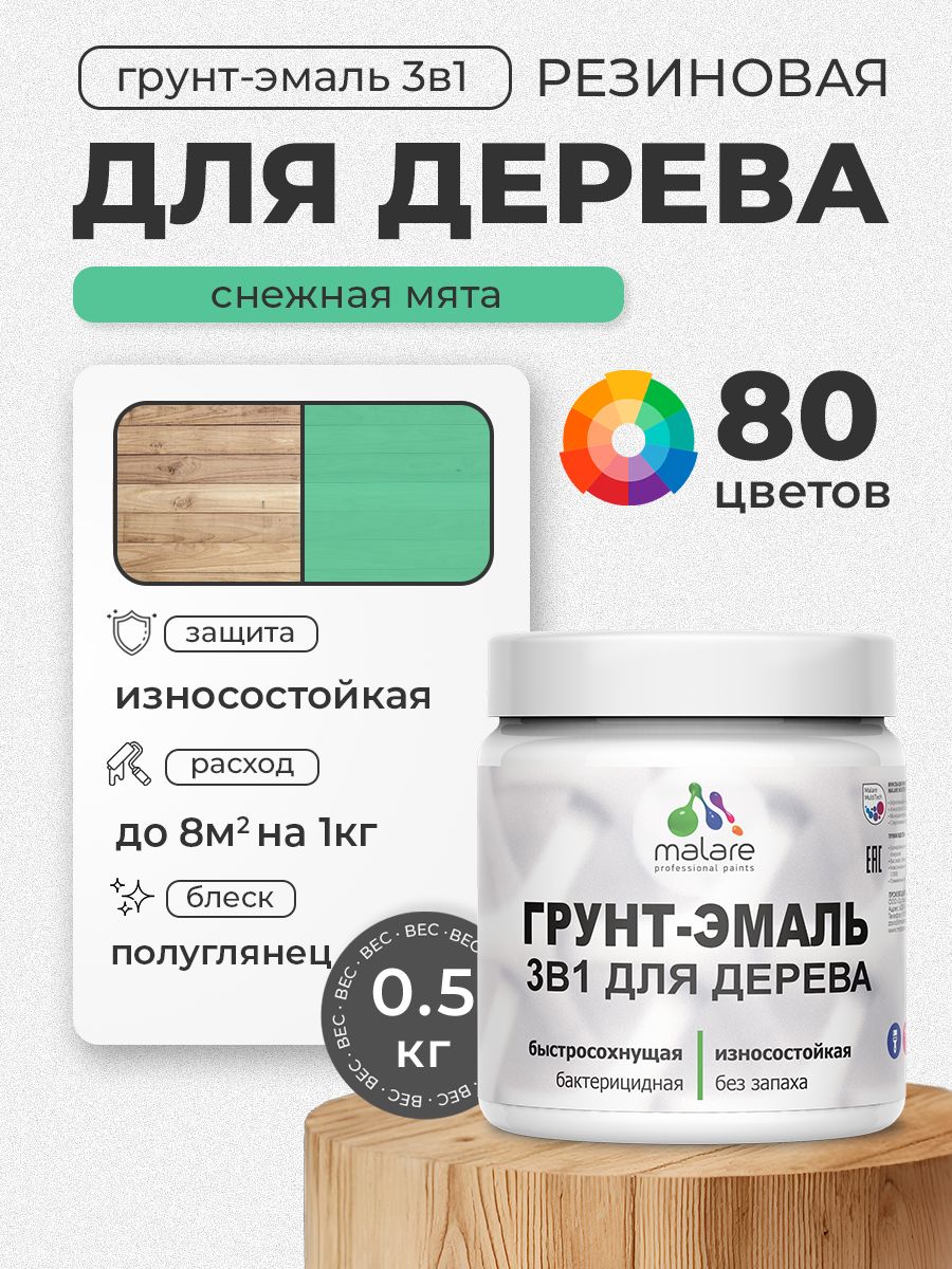 Латексная Грунт-Эмаль 3 в 1 Malare для деревянных поверхностей с антисептическим эффектом, быстросохнущая моющаяся без запаха полуглянцевая, снежная мята, 0.5 кг